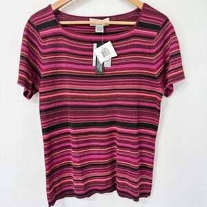 Alfani Silk Blend Shimmery Short Sleeve Top Large Metallic Striped Pink Black